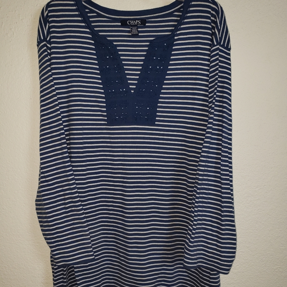 CHAPS PLUS SIZE STRIPED EYELET TOP - Picture 2 of 6